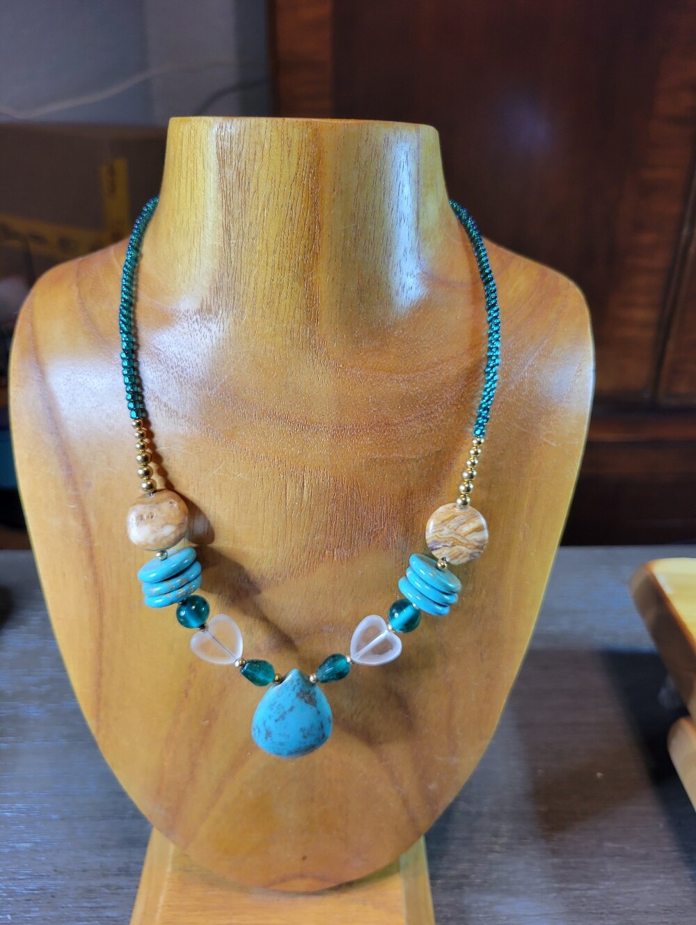 Handmade Turquoise Bead Pendant Necklace - Green Blue Accent